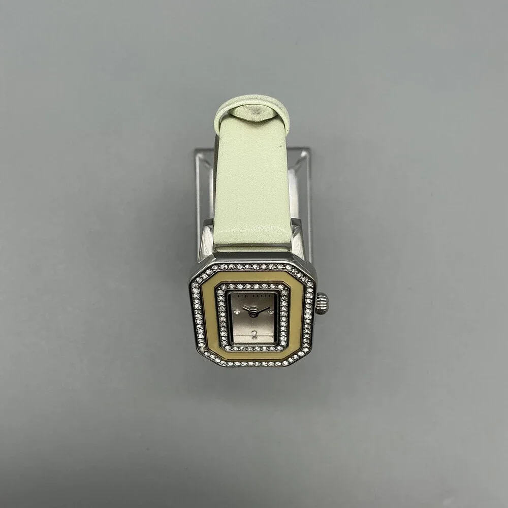 Ted Baker Womens Watch 24mm Silver Tone Crystals Green Leather New Battery
